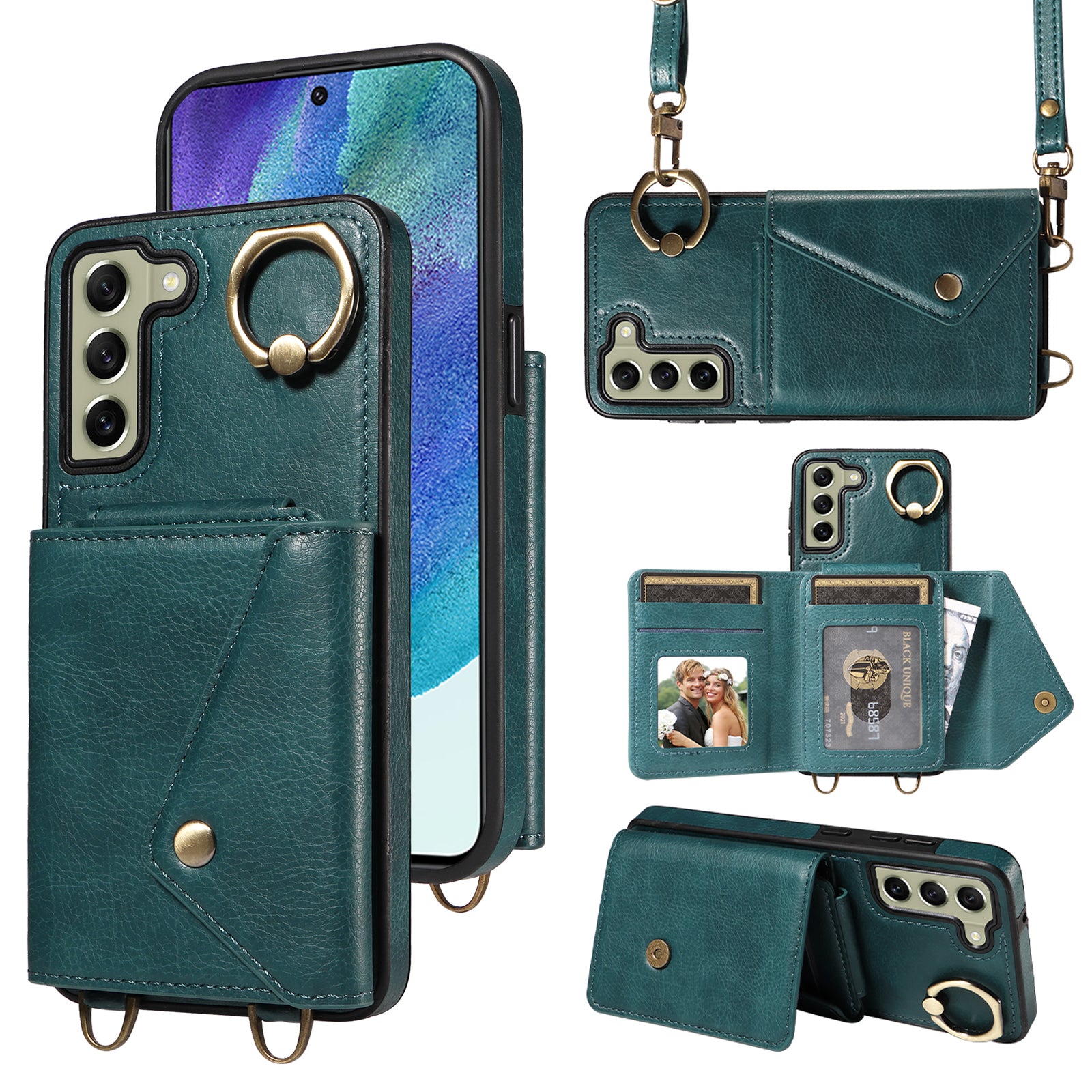 002 For Samsung Galaxy S21 FE 5G Card Bag Ring Kickstand Cover Litchi Texture Leather Coated TPU Anti-fall Phone Case with Shoulder Strap 002 For Samsung Galaxy S21 FE 5G Card Bag Ring Kickstand Cover Litchi Texture Leather Coated TPU Anti-fall Phone Case with Shoulder Strap